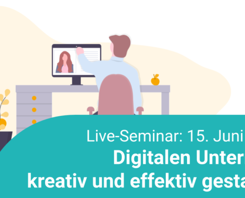 Zeichnung eines Mannes, der ein Online Seminar auf dem Bildschirm seines Computers anschaut. Live-Seminar am 15. Juni 2020