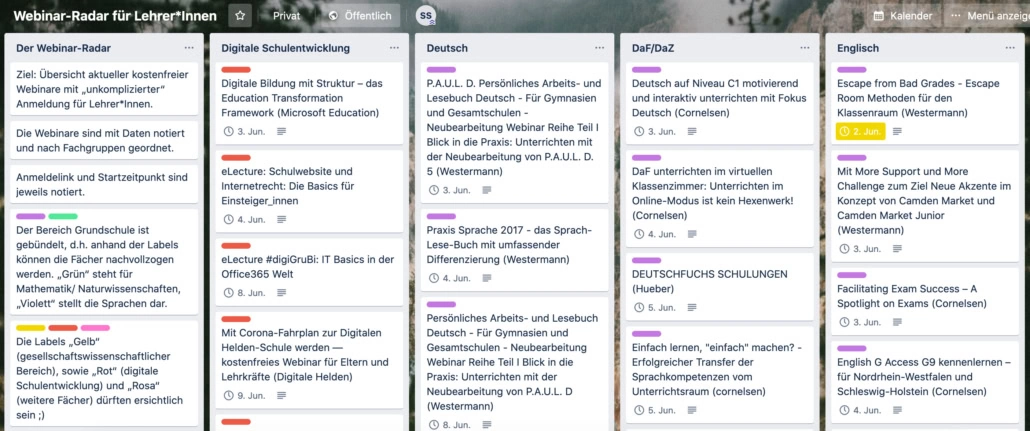 Bei Trello sind in mehreren Spalten die kostenlose Webinare nach Schulfach bzw. Thema angeordnet.