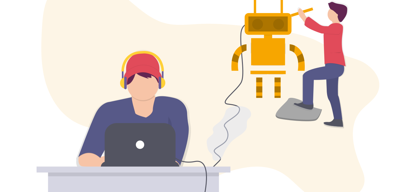 Grafik: Person sitzt am Computer und programmiert einen Roboter, der neben einem anderen Menschen steht