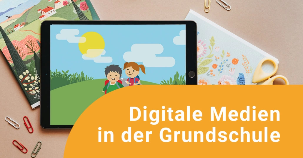 Tablet mit Grundschulkindern, Digitale Medien, Schreibkram