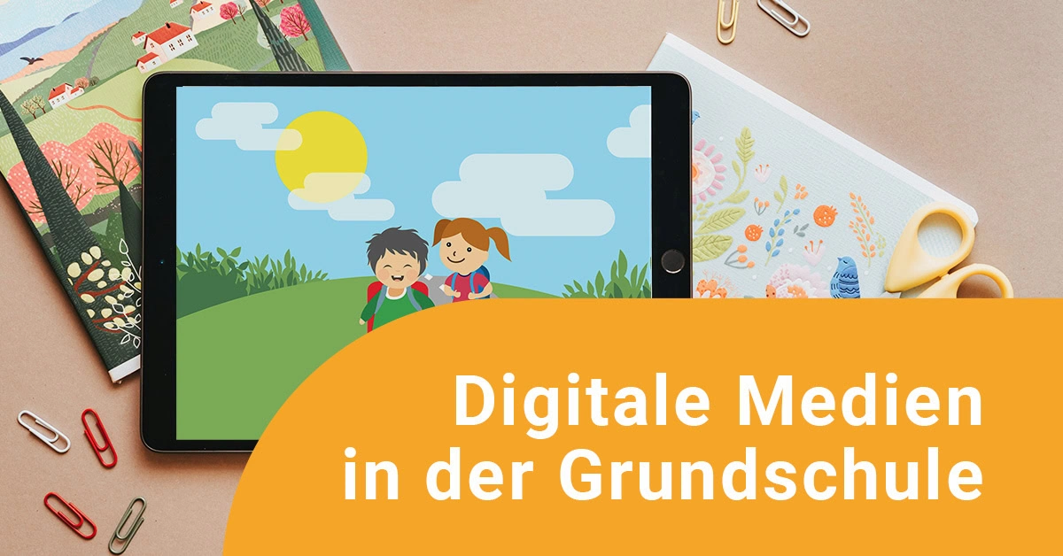 Tablet mit Grundschulkindern, Digitale Medien, Schreibkram