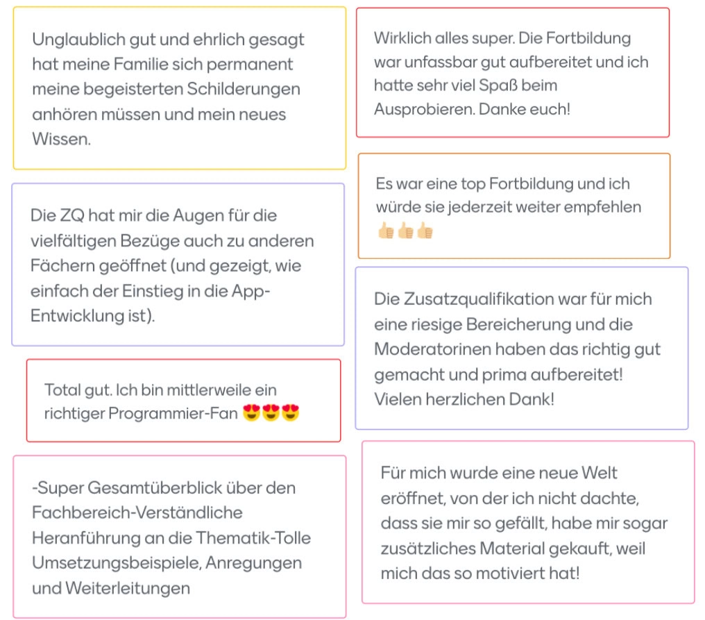 Eine Sammlung von positiven Rückmeldungen auf die Zusatzqualifikation