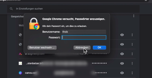 Screenshot Passwort eingeben im Browser Chrome
