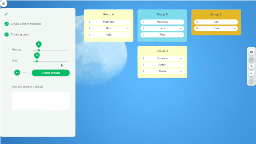 Screenshot aus dem Tool Classroomscreen, zu sehen sind eingeteilte Gruppen