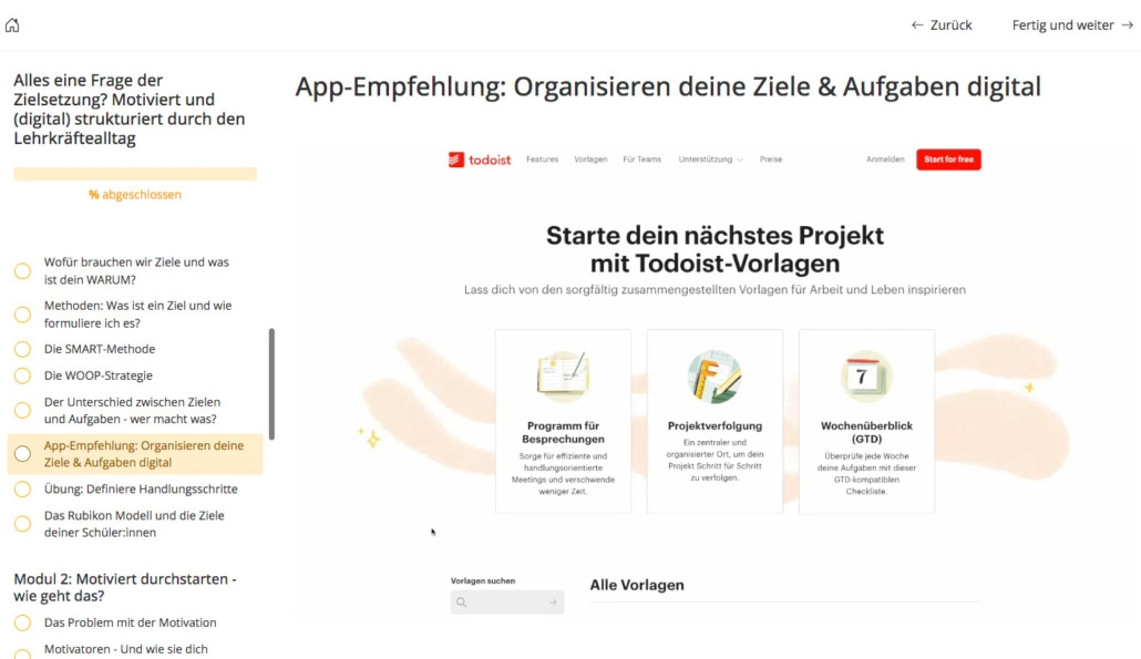 Screenshot Online Fortbildung Motivation und Ziele