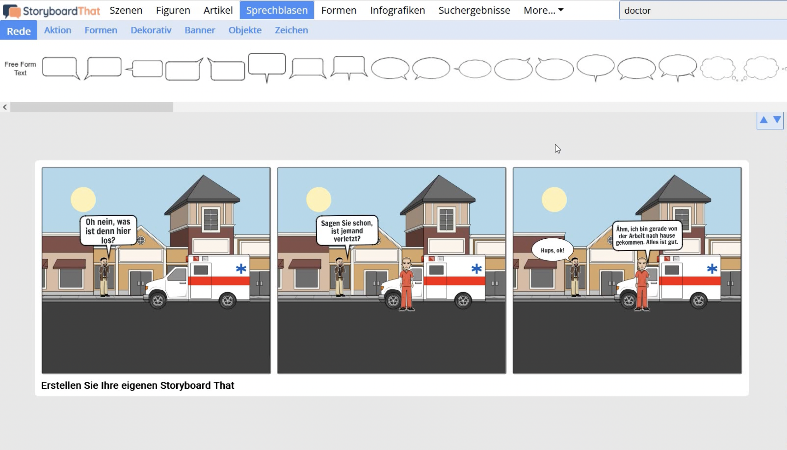Zu sehen ist das Tool StoryBoardThat, mit dem gerade ein Comic erstellt wird, in dem ein Mann sich mit einem Sanitäter vor einem Krankenwagen unterhält.