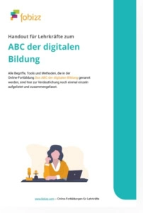 Infotext und Grafik mit Frau vor Computer