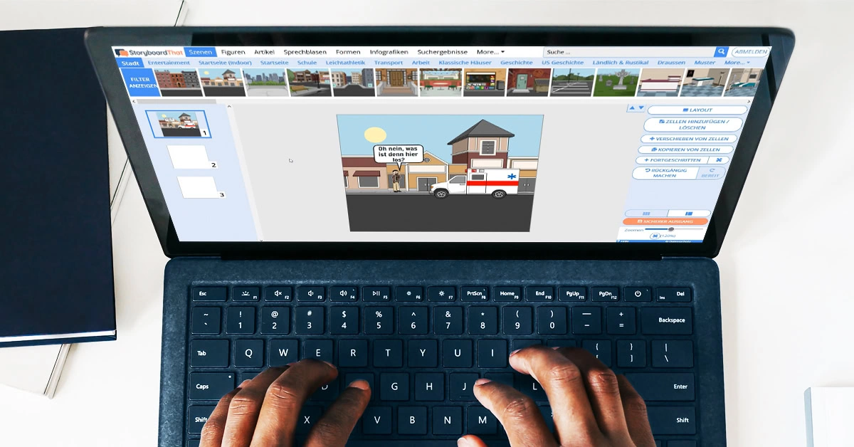 Laptop, auf dem das Tool StoryBoardThat geöffnet ist und ein Comic erstellt wird.