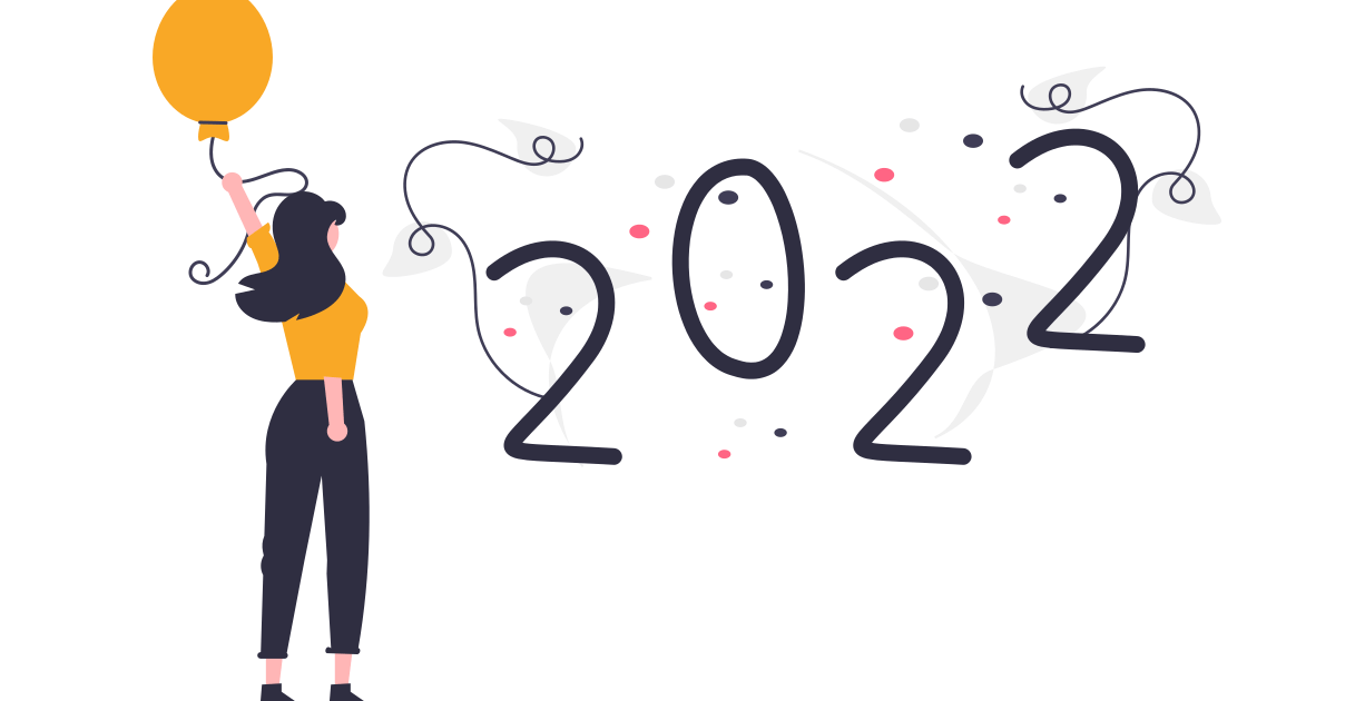 Die Zahlen 2022 mit einer Frau, mit einem Luftballon in der Hand