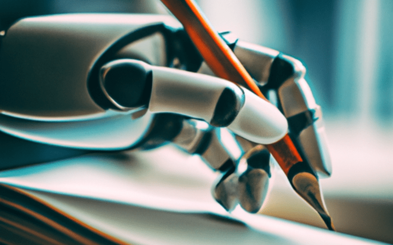 Roboterhand hat einen Stift in der Hand und schreibt in einem Buch