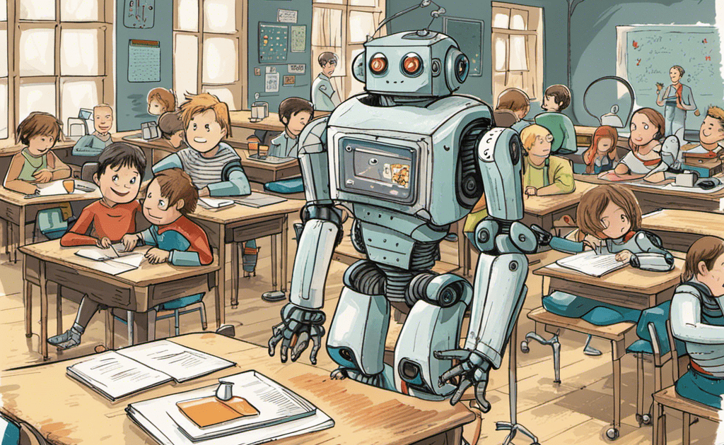 Roboter steht in einem Klassenzimmer
