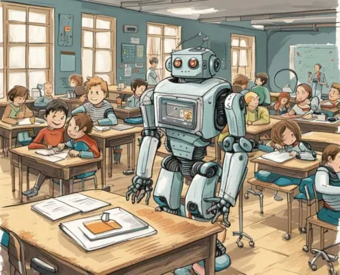 Roboter steht in einem Klassenzimmer