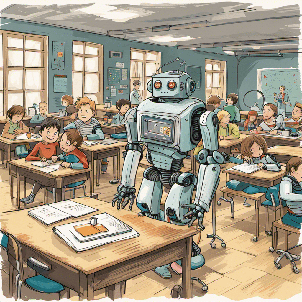 Roboter steht in einem Klassenzimmer