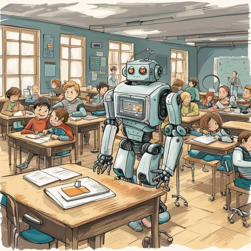 Roboter steht in einem Klassenzimmer