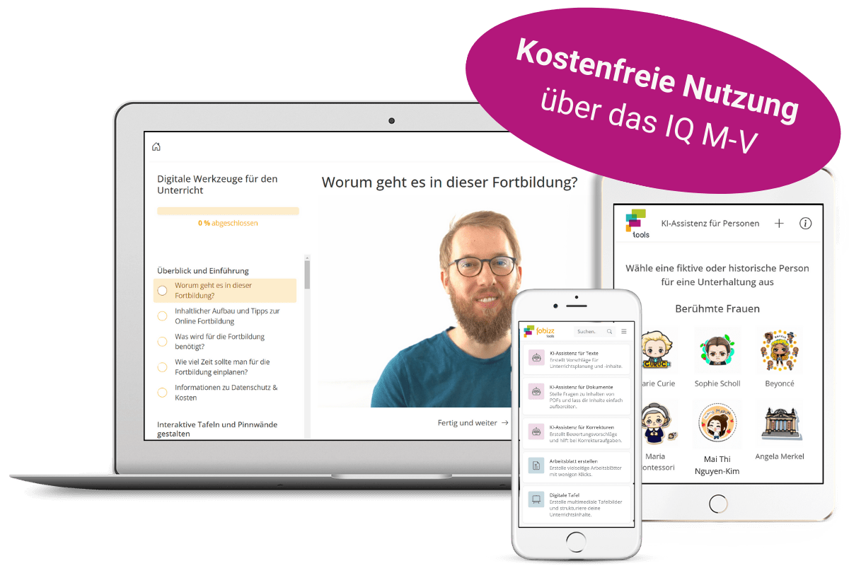 Bildschirm mit fobizz Anwendung und Hinweis "Kostenfreie Nutzung über das IQ M-V"