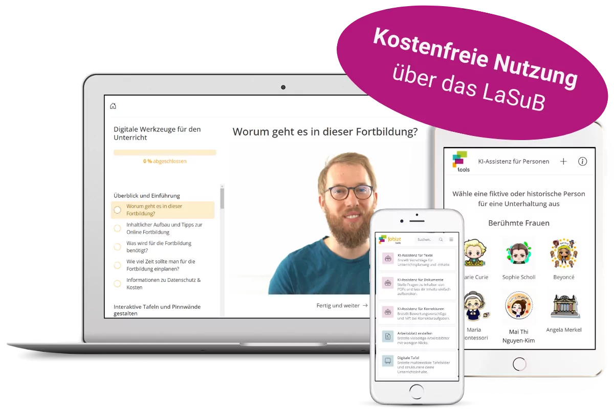 Laptop mit fobizz auf dem Bildschirm, Hinweis "Kostenfreie Nutzung über das LaSuB"