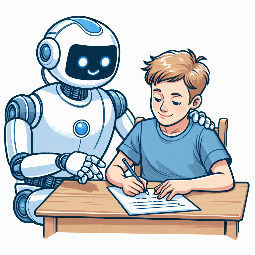 Ein Roboter sitzt neben einem Schüler und hilft bei den Hausaufgaben.