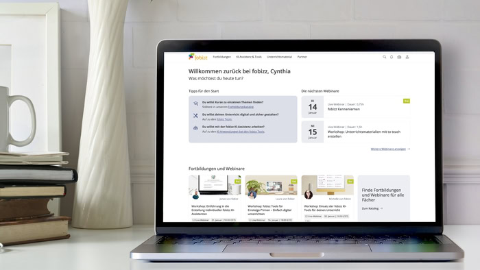 Bild eines Laptops mit der Startseite der fobizz Plattform